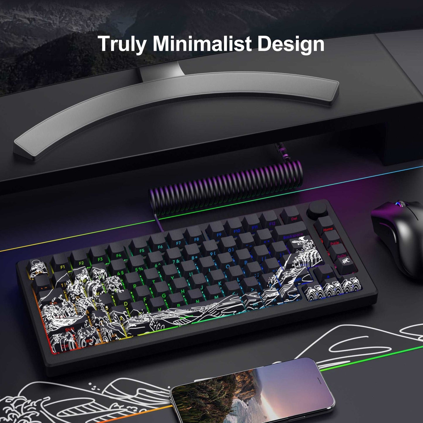 Cherry-profile black keycap set with white wave art, displayed on keyboard tray