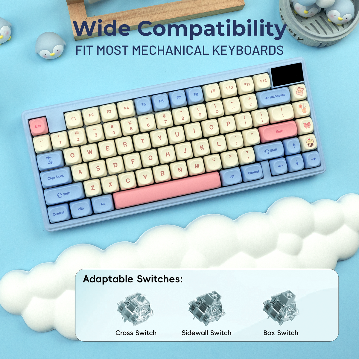 MOA profile keycap set with cream letter keys, blue modifiers, and pink spacebar