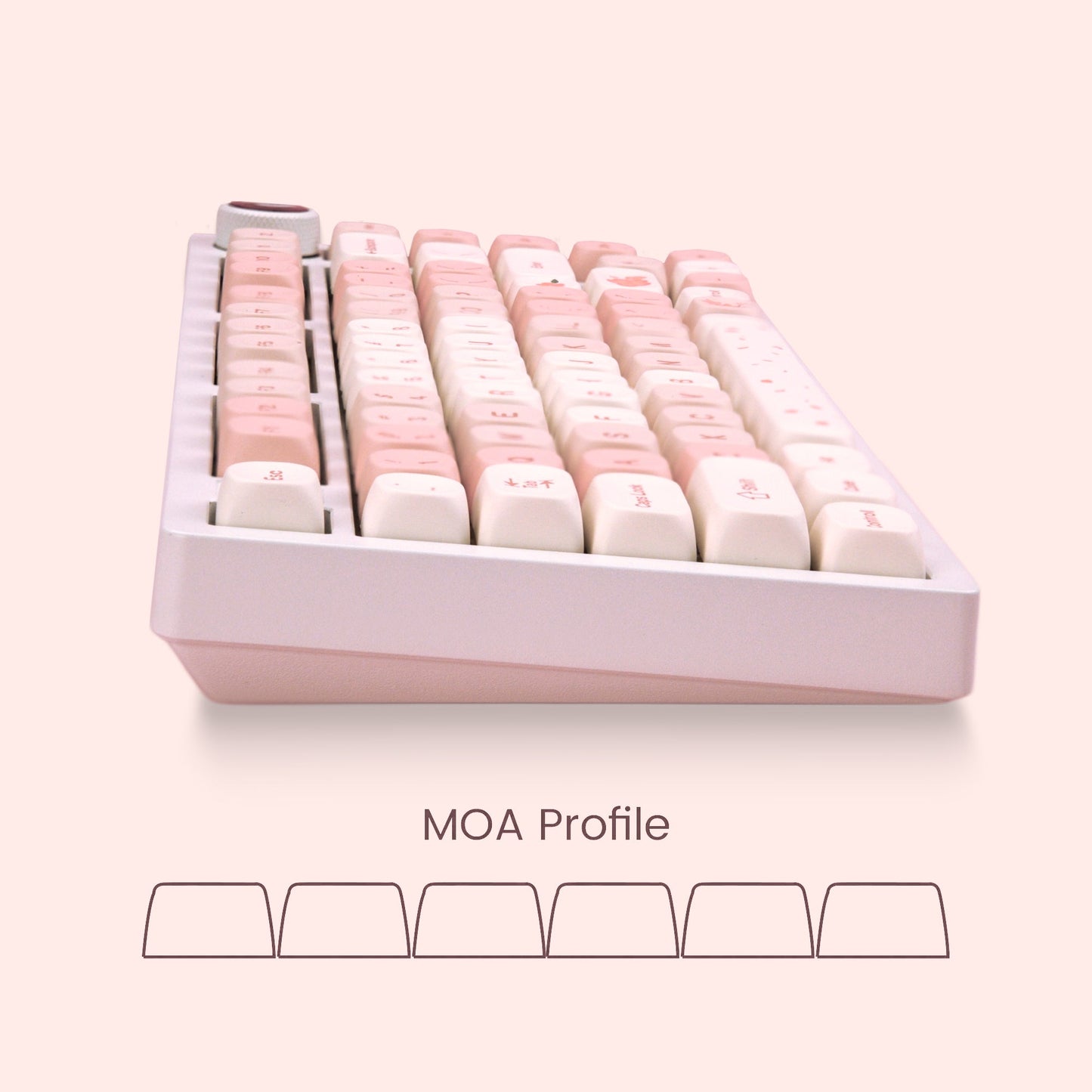 MOA profile keycap set in pastel pink and cream, 143 keys shown on a tray