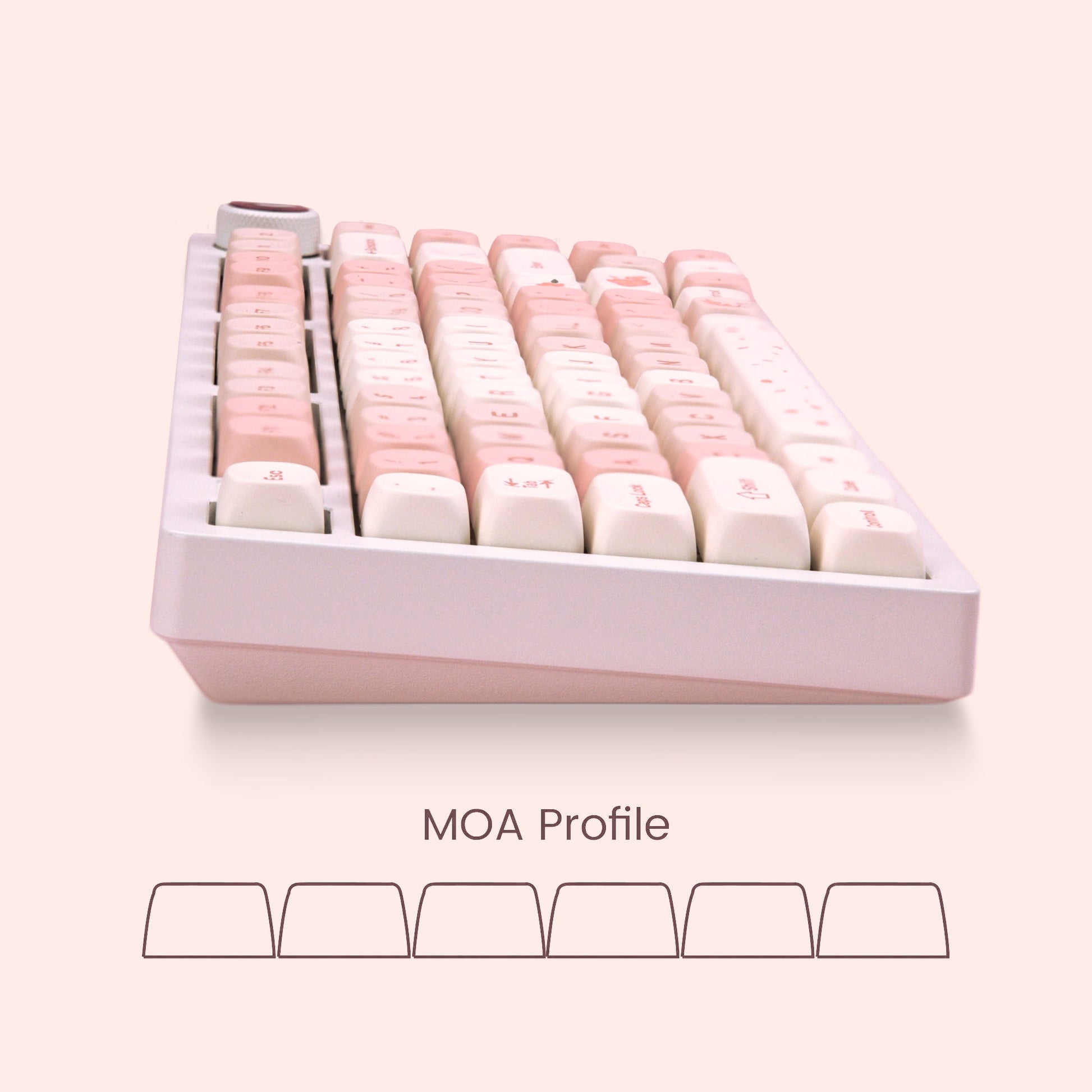 MOA profile keycap set in pastel pink and cream, 143 keys shown on a tray