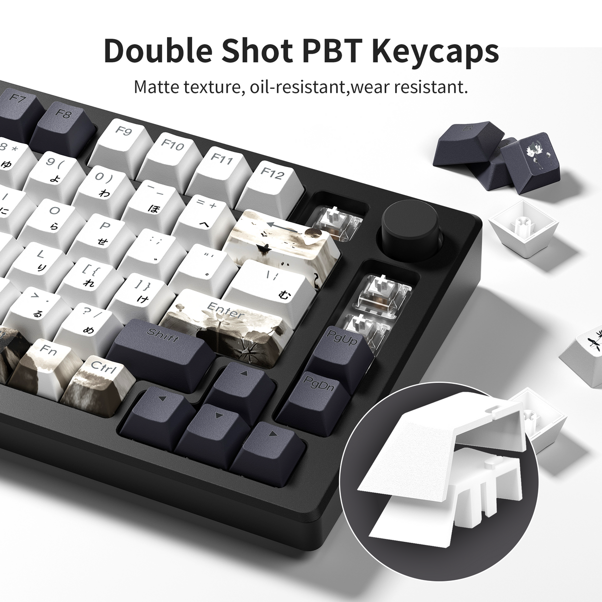 Double-shot PBT keycap set with matte white and black keys and colorful shine-through legends