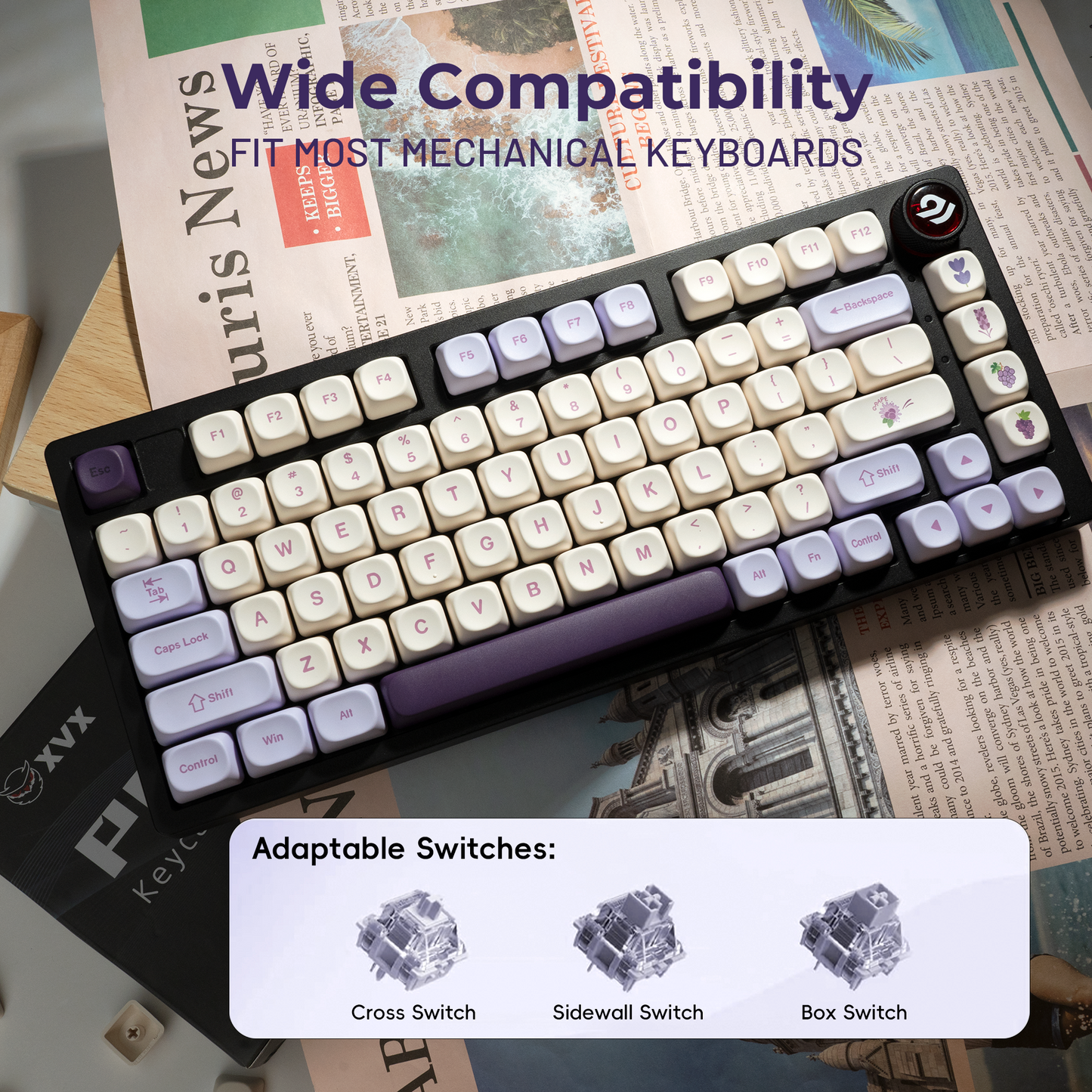 Keycap set with cream and purple keys, grape-themed caps on a mechanical keyboard