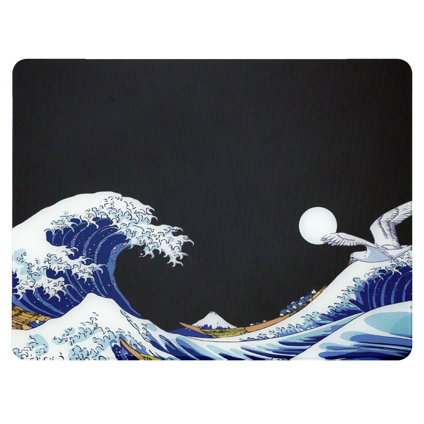 Tempered glass mouse pad with dark base and blue wave artwork with moon