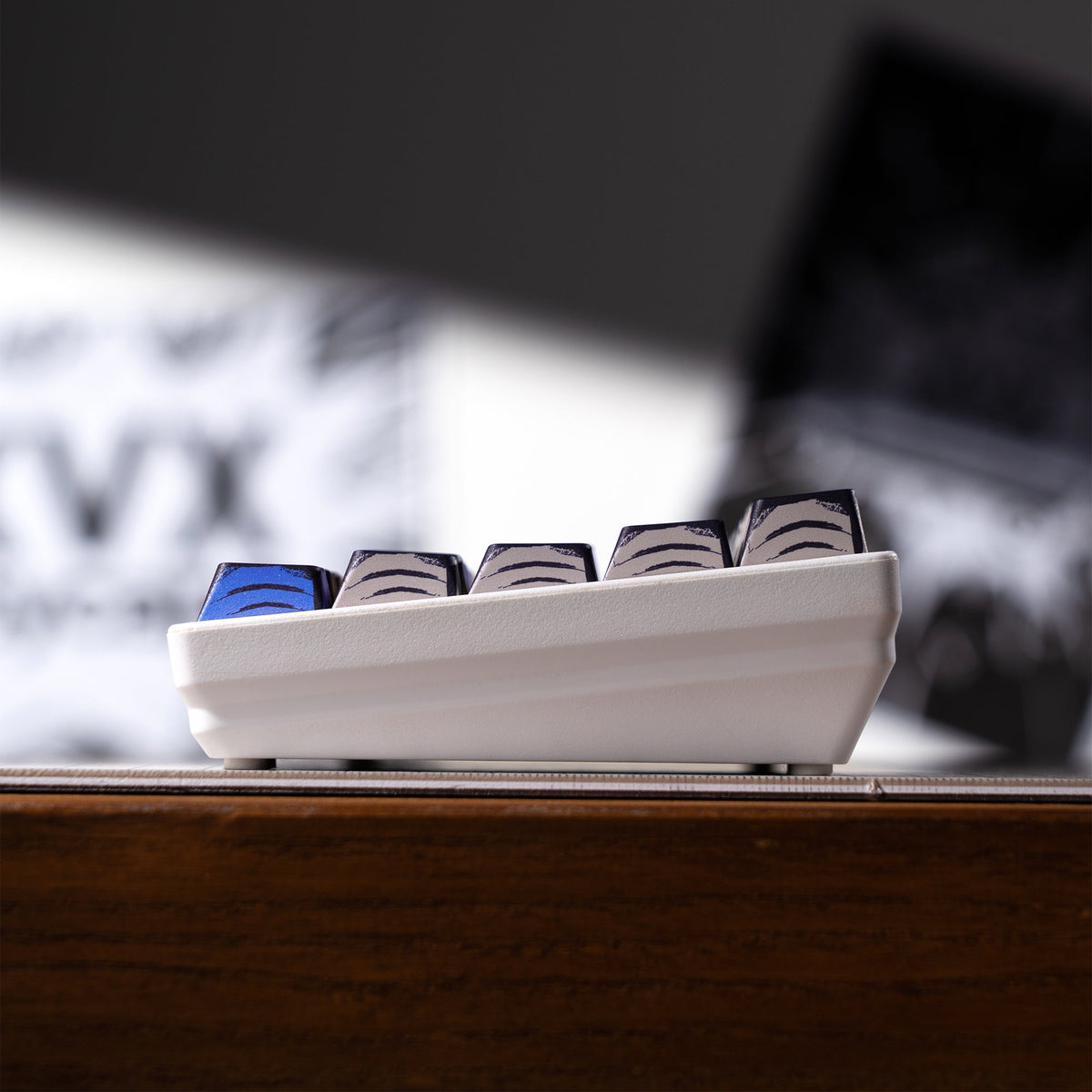 Cherry-profile keycaps in a tray, showing white keys with blue and dark accents