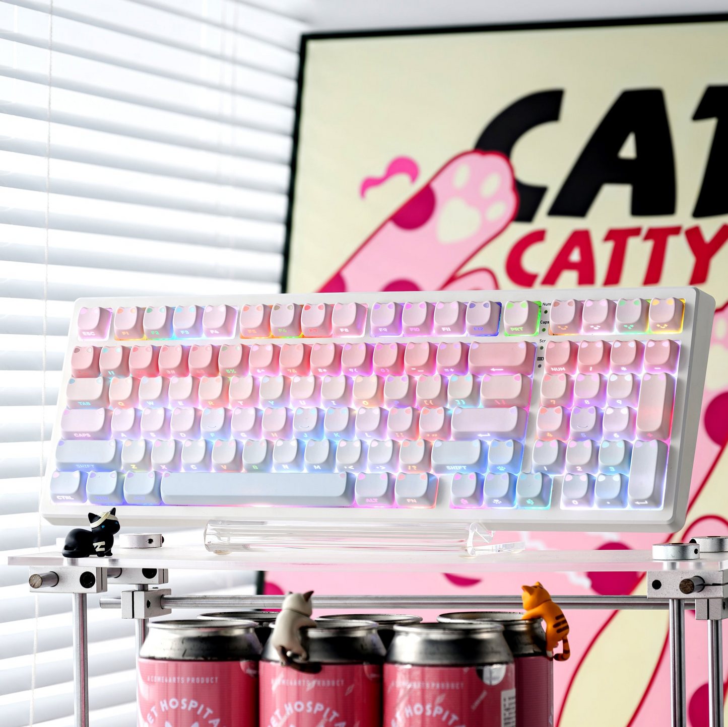 Pastel keycap set with backlit shine-through legends on a compact keyboard
