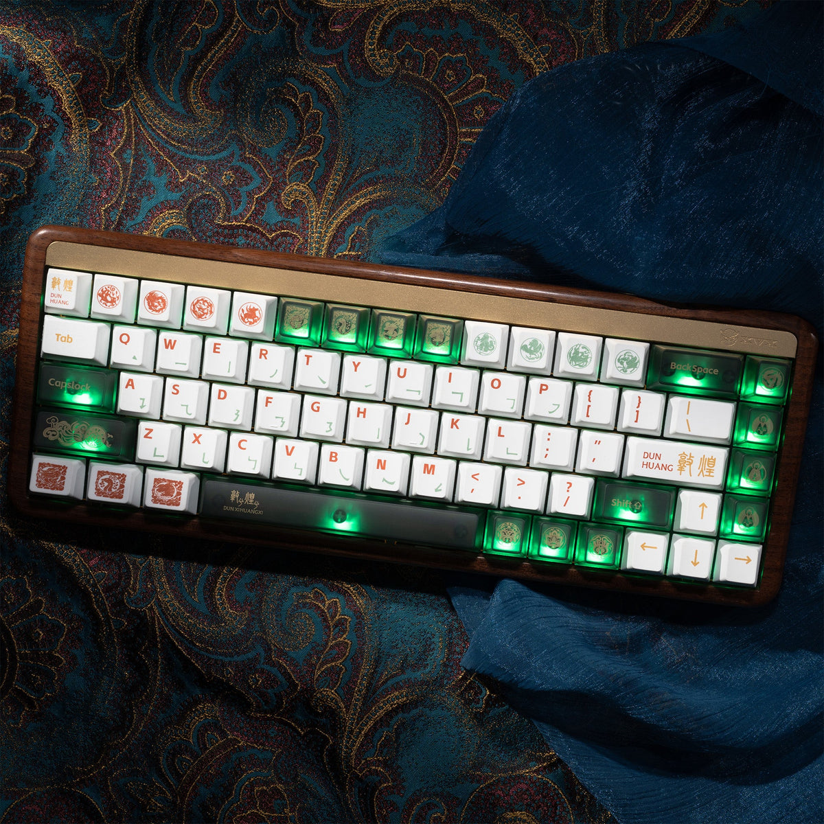 Cherry-profile keycap set with white keys and glowing green backlighting