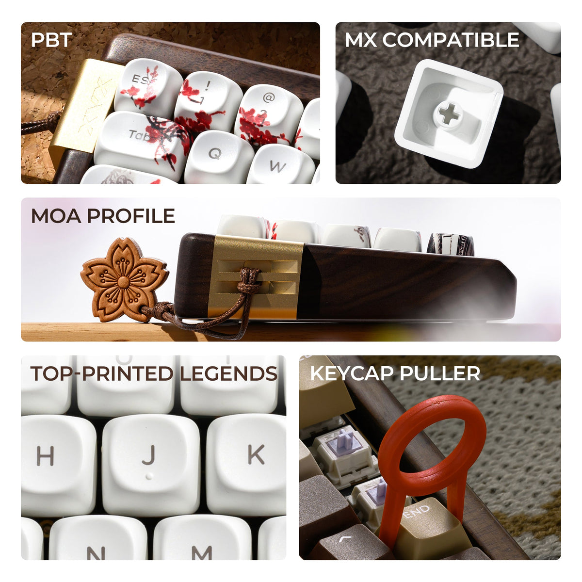 White MOA profile keycaps with plum blossom print, plus red keycap puller