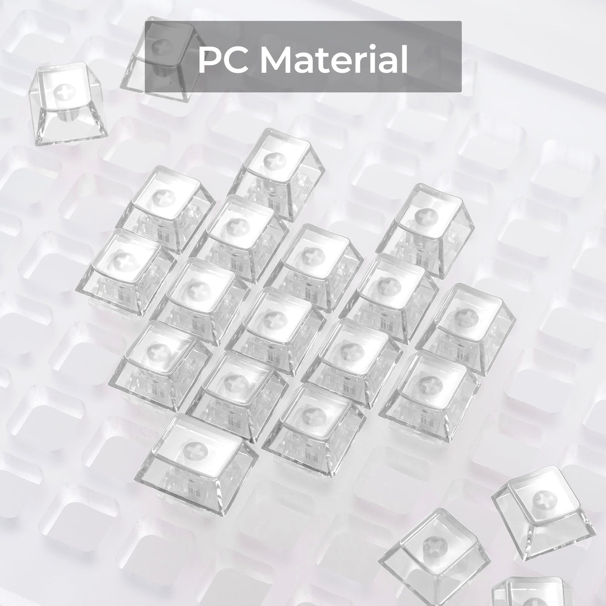 Transparent PC keycaps with heart emblem in a full grid set