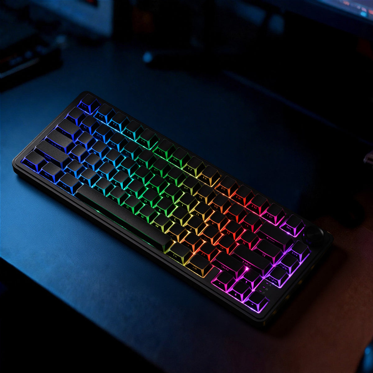 Colorful shine-through keycaps on a keyboard, blue-green-purple gradient glow