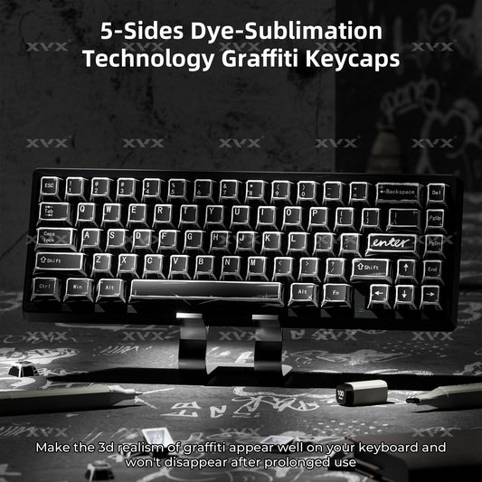 Graffiti-themed keycap set with black keycaps and white legends, cherry profile style