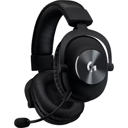 Over-ear gaming headset with adjustable headband, black earcups and boom mic