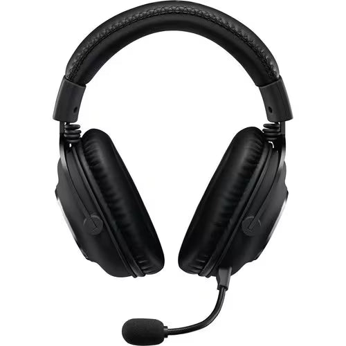 Over-ear gaming headset view with padded headband, black earcups and attached mic