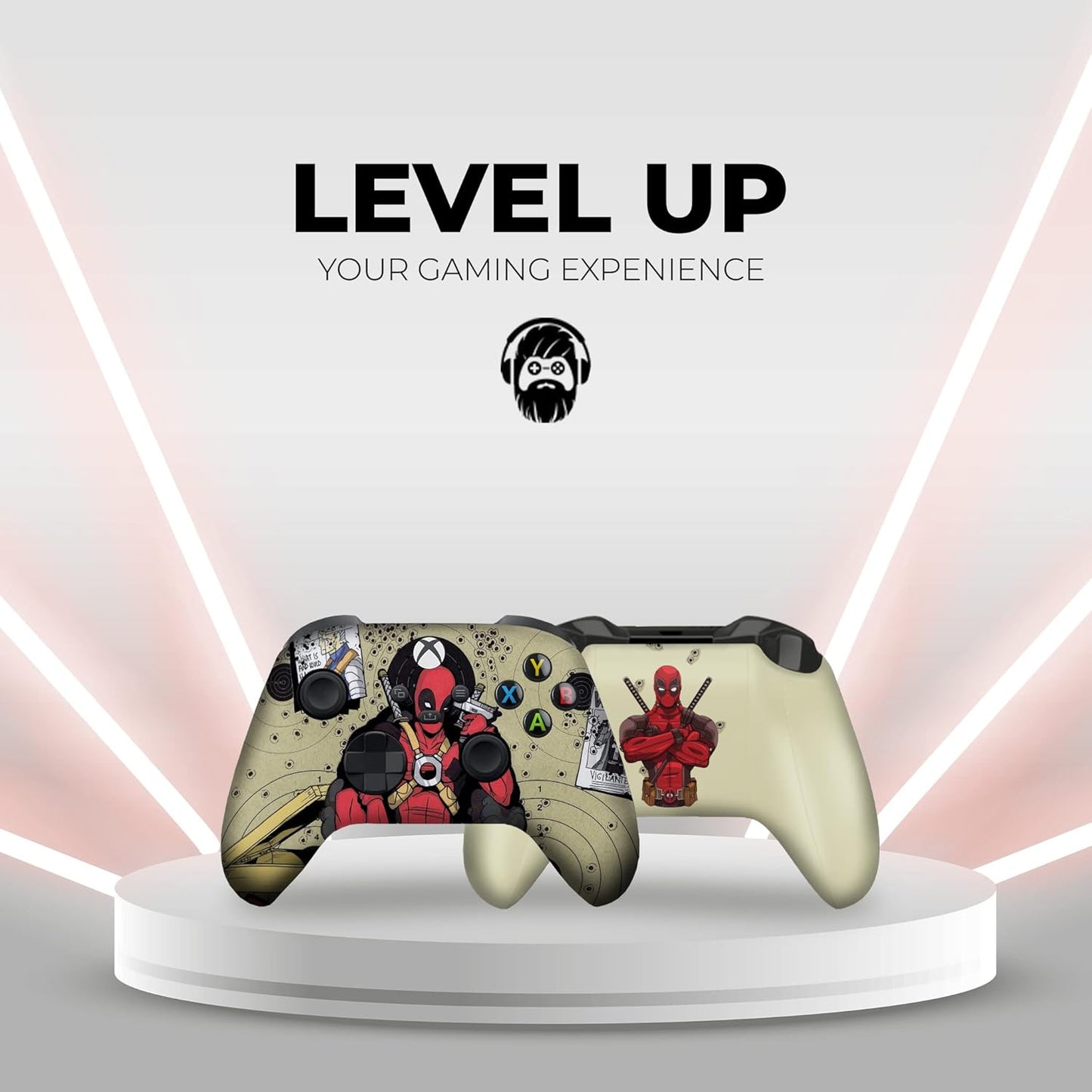 Beige Xbox controller with Deadpool character print on the front, shown on display