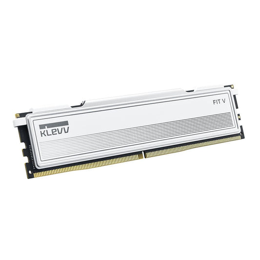 KLEVV FIT V DDR5 desktop RAM module angled view, ceramic white heatsink, gold contacts