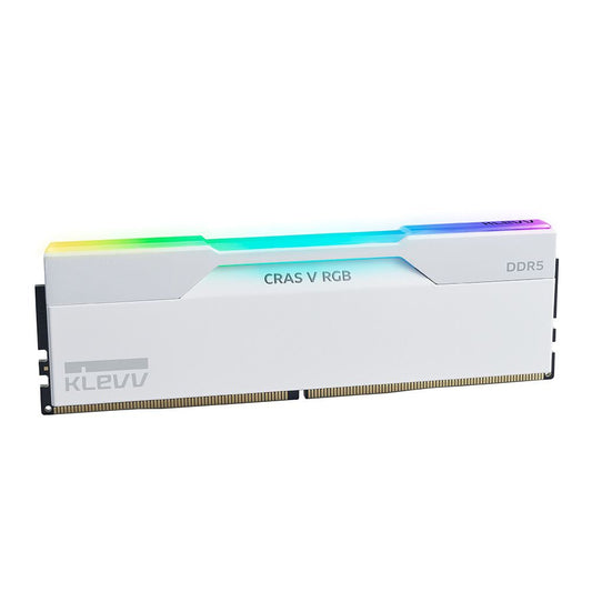White DDR5 RGB RAM module with colorful top light channel and gold contacts