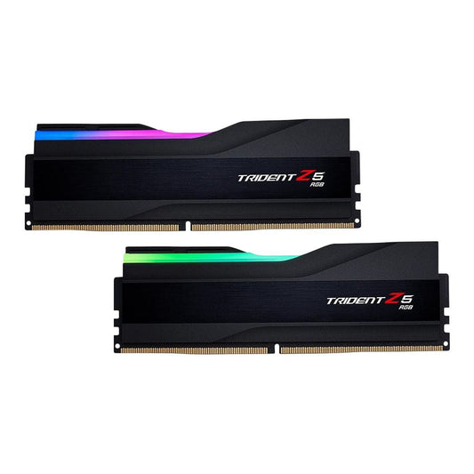 Black DDR5 desktop RAM kit with RGB light bar, two 288-pin modules