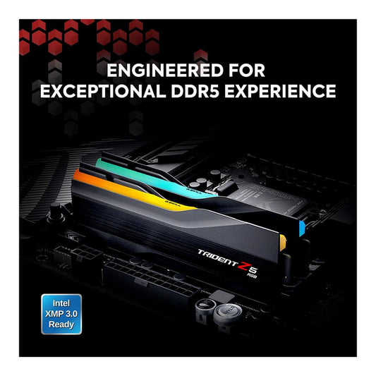 Black DDR5 RAM modules on a motherboard with colorful RGB strip lighting