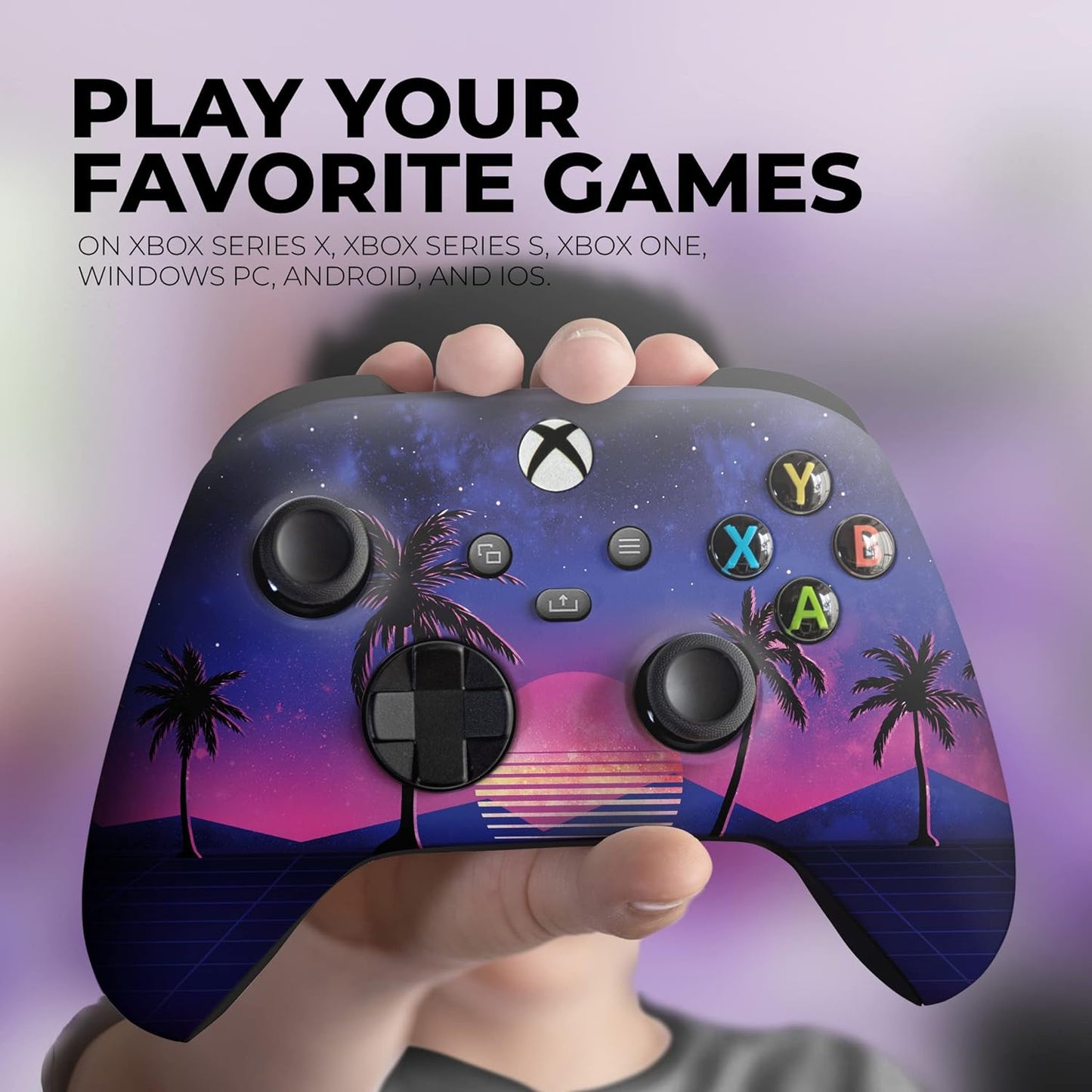 Xbox Series X controller with vaporwave palm sunset graphic, front buttons visible