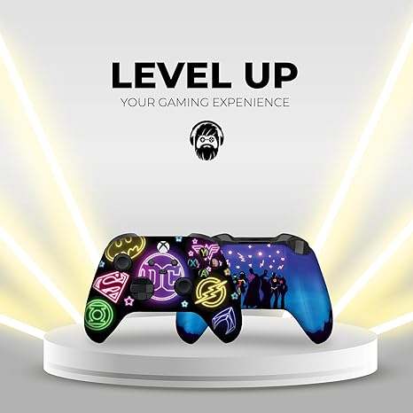 Xbox Series X controller with neon DC Comics design on a pedestal with blue graphic