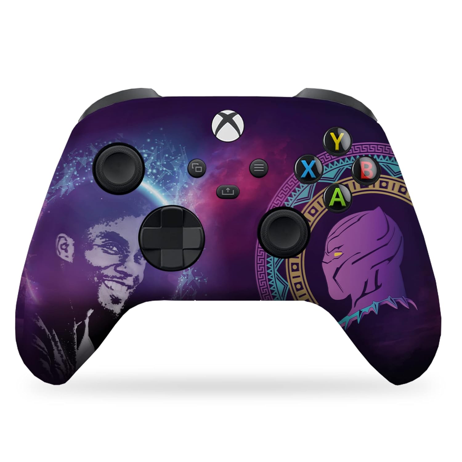 Purple Xbox controller with galaxy print and panther face artwork, thumbsticks and buttons