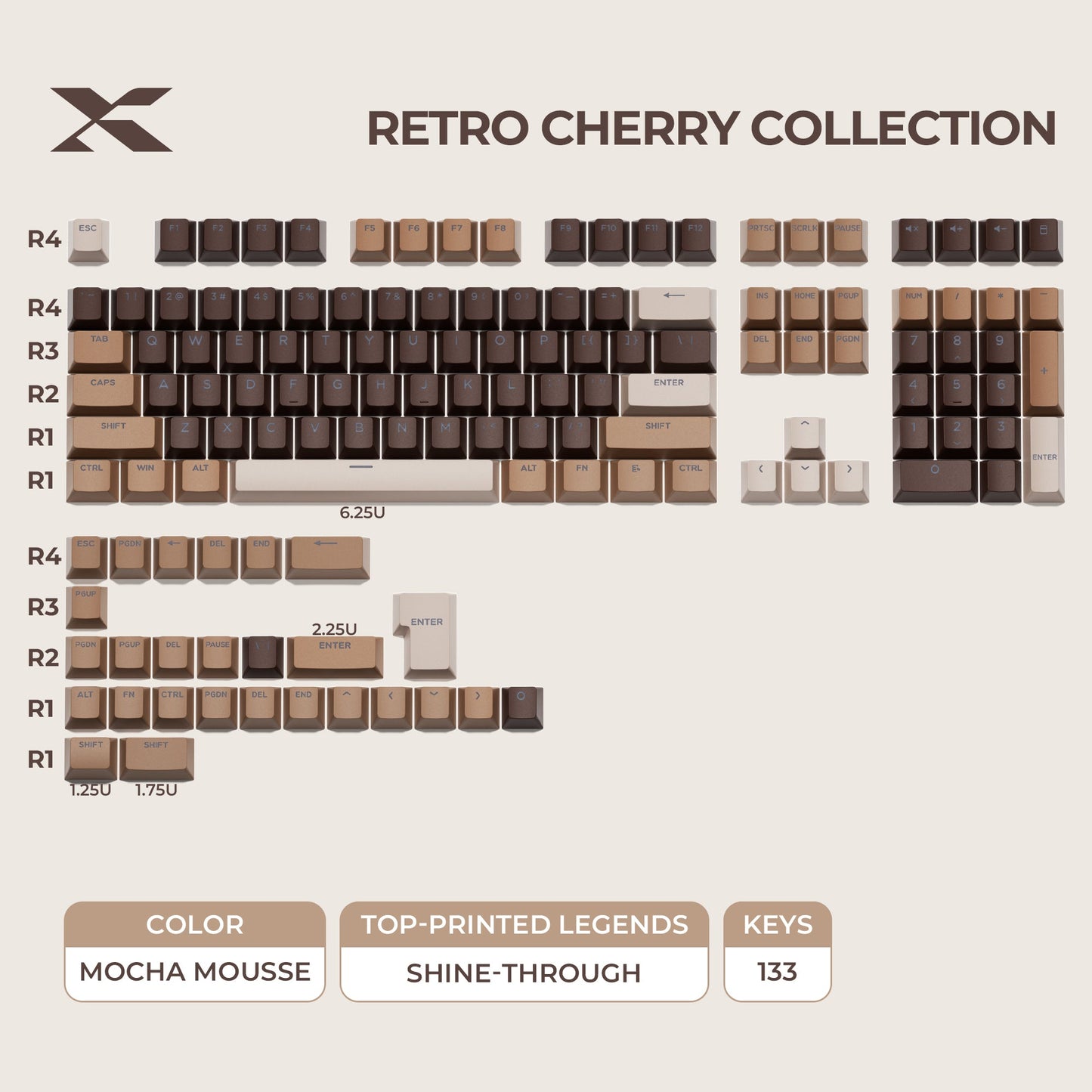Mocha Mousse double-shot PBT keycap set, cream and dark brown legends