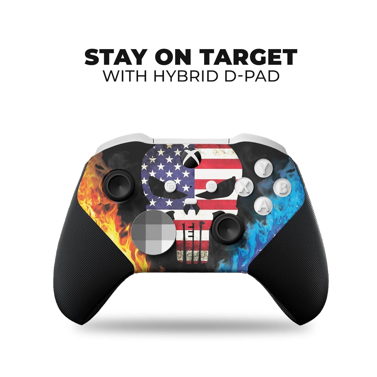 Xbox Elite Series 2 Core controller with black textured grips and American flag flames hydro-dip