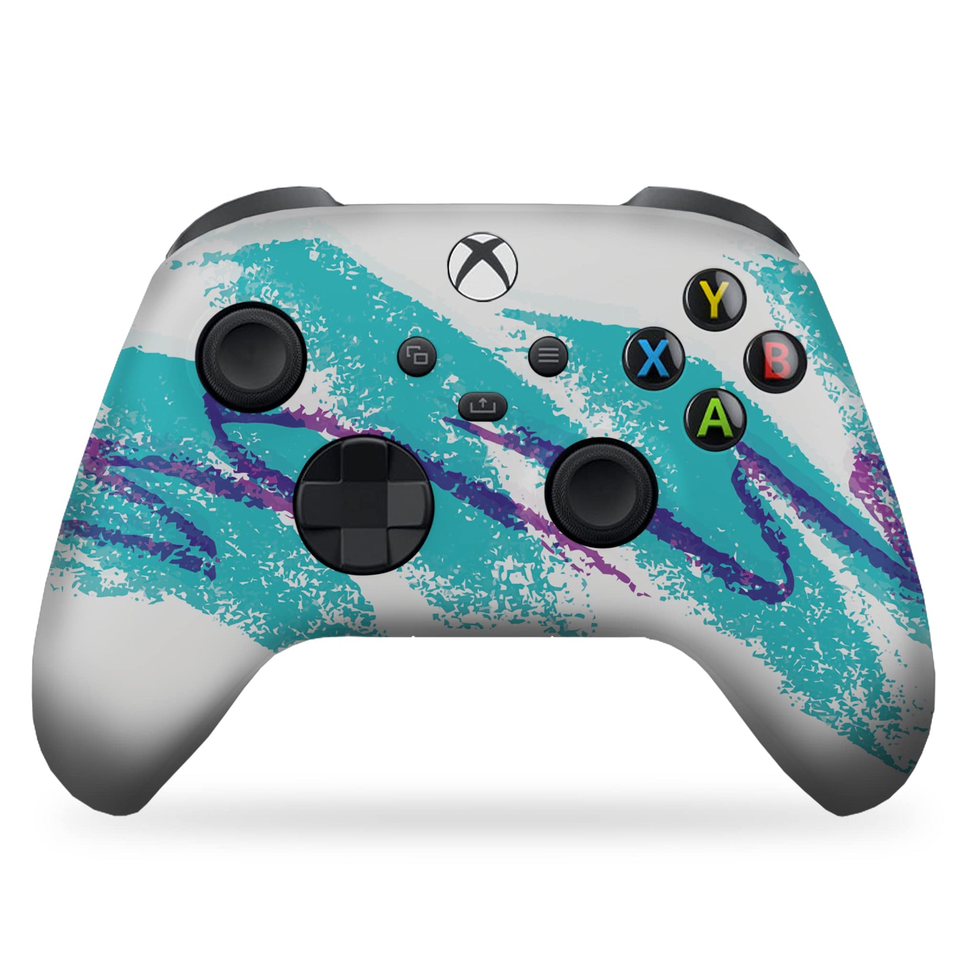 Black Xbox controller with teal splatter design and colored face buttons