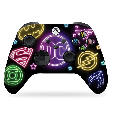 Xbox Series X controller with neon DC Comics symbols and colorful face buttons