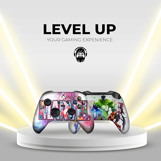 White Xbox Series X controller with colorful MARVEL artwork on display pedestal