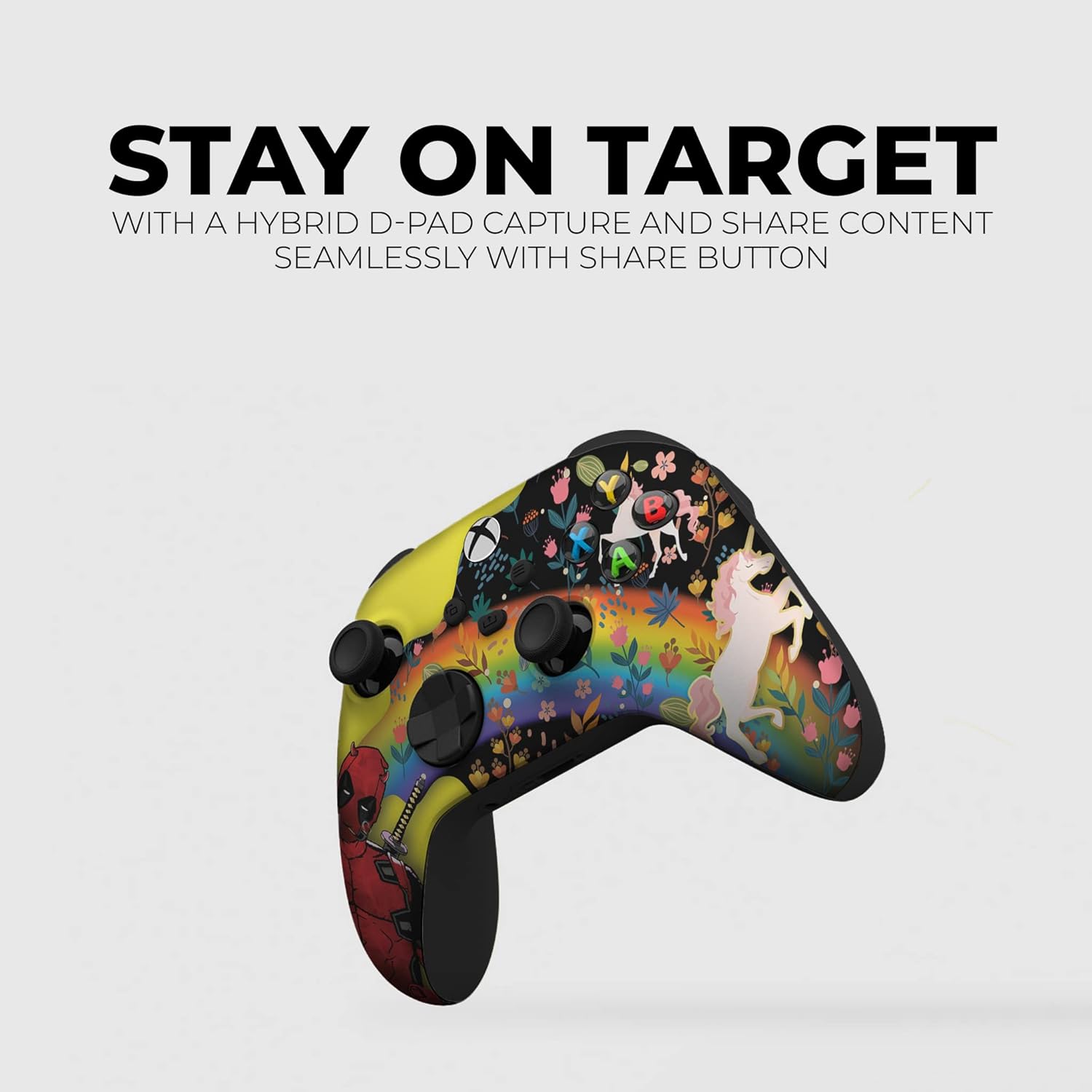 Custom Xbox Series X controller angled view, yellow shell with Deadpool-unicorn colorful print