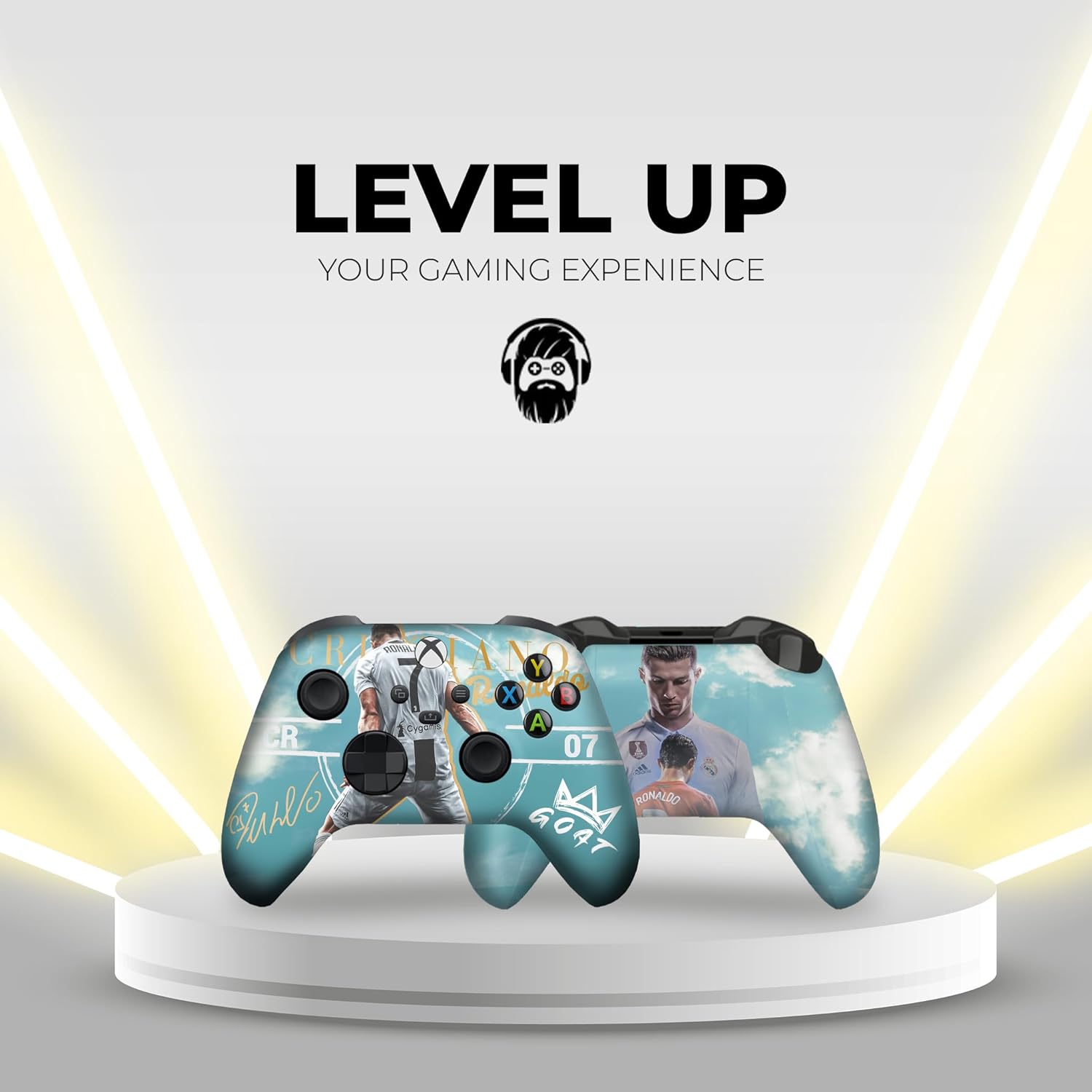 Xbox Series X controller on pedestal with teal Ronaldo-themed graphic, black thumbsticks
