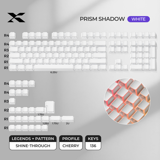 White shine-through Cherry-profile PBT keycap set, translucent legends across full layout