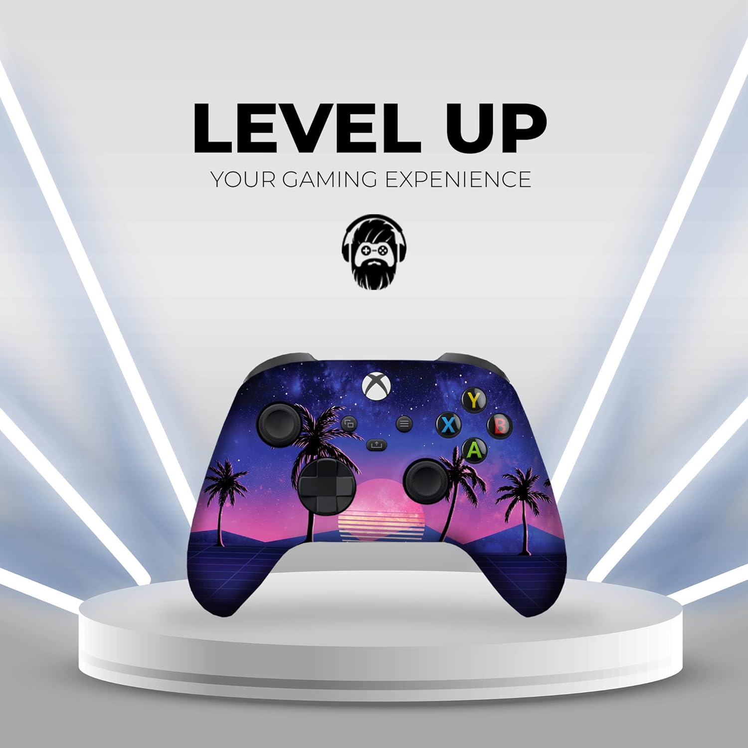 Xbox Series X controller with vaporwave sunset palm graphic on display stand