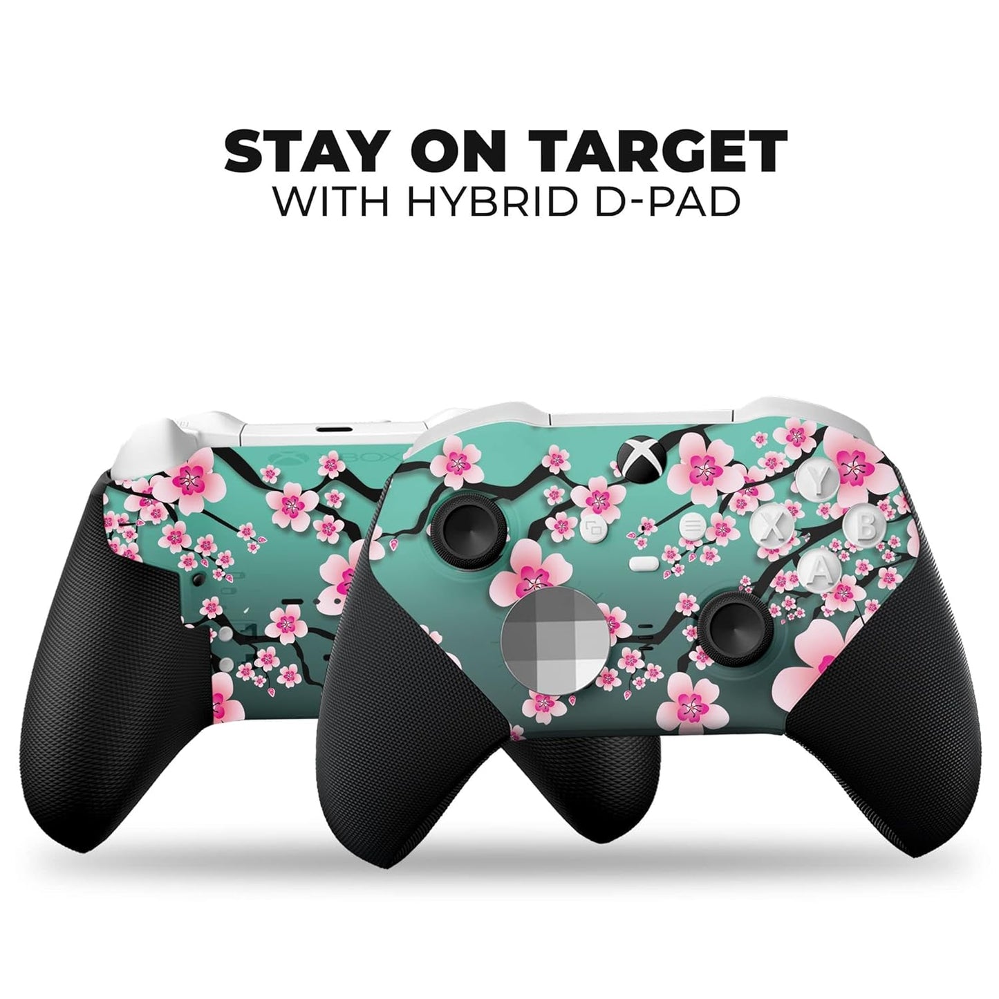 Xbox Elite Core controller pair side-by-side with teal cherry blossom skins and black grips