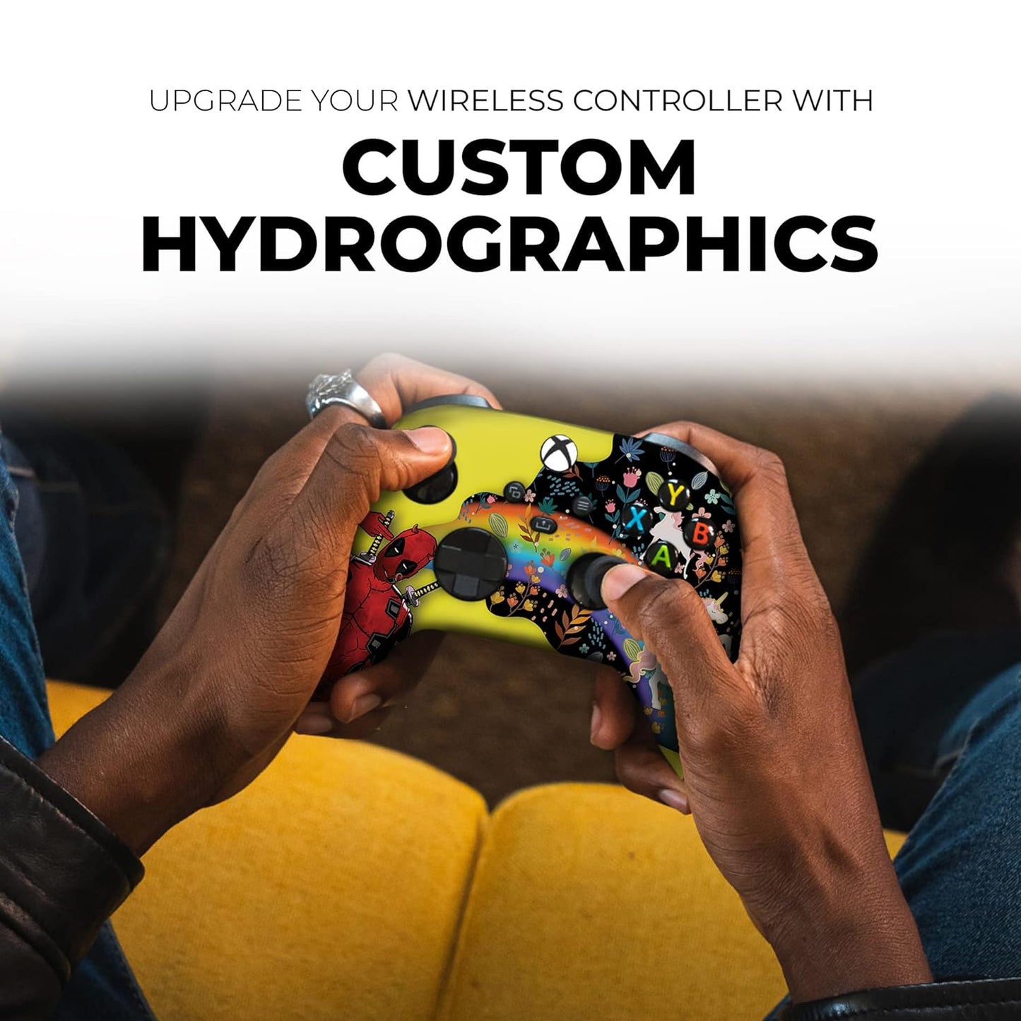 Custom Xbox Series X controller in hands, yellow body with Deadpool-unicorn hydrographic print