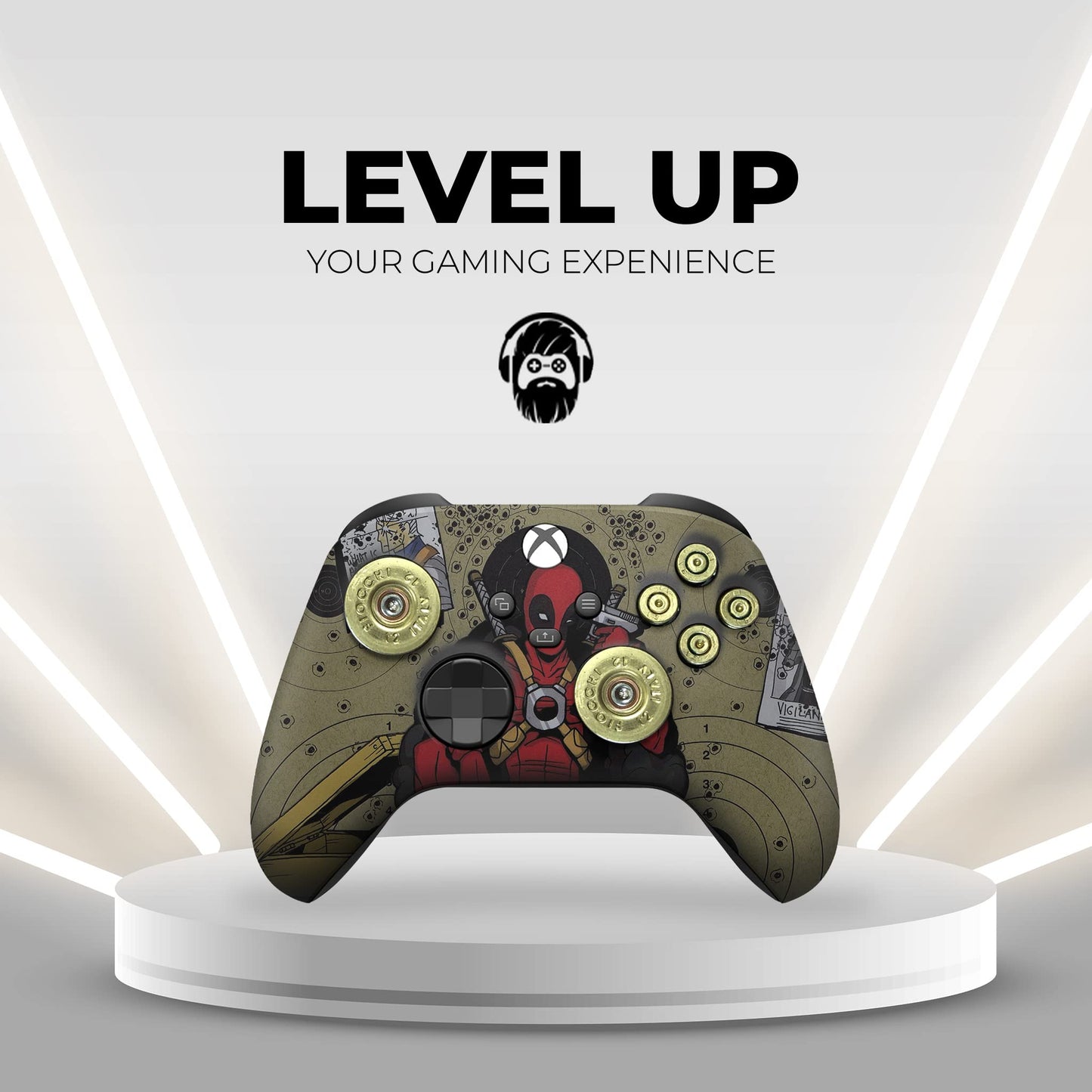 Olive gaming controller with red Deadpool headshot, black grips, and gold thumbstick details