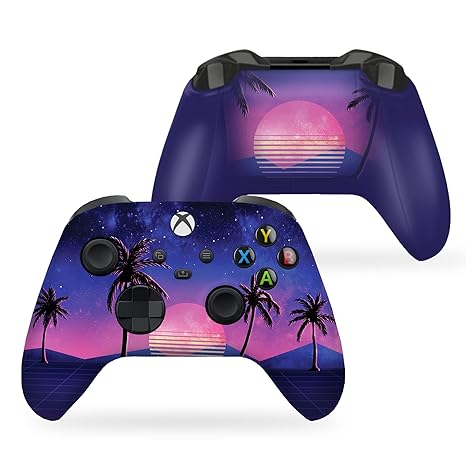 Xbox Series X controller with vaporwave palm sunset graphic on back shell