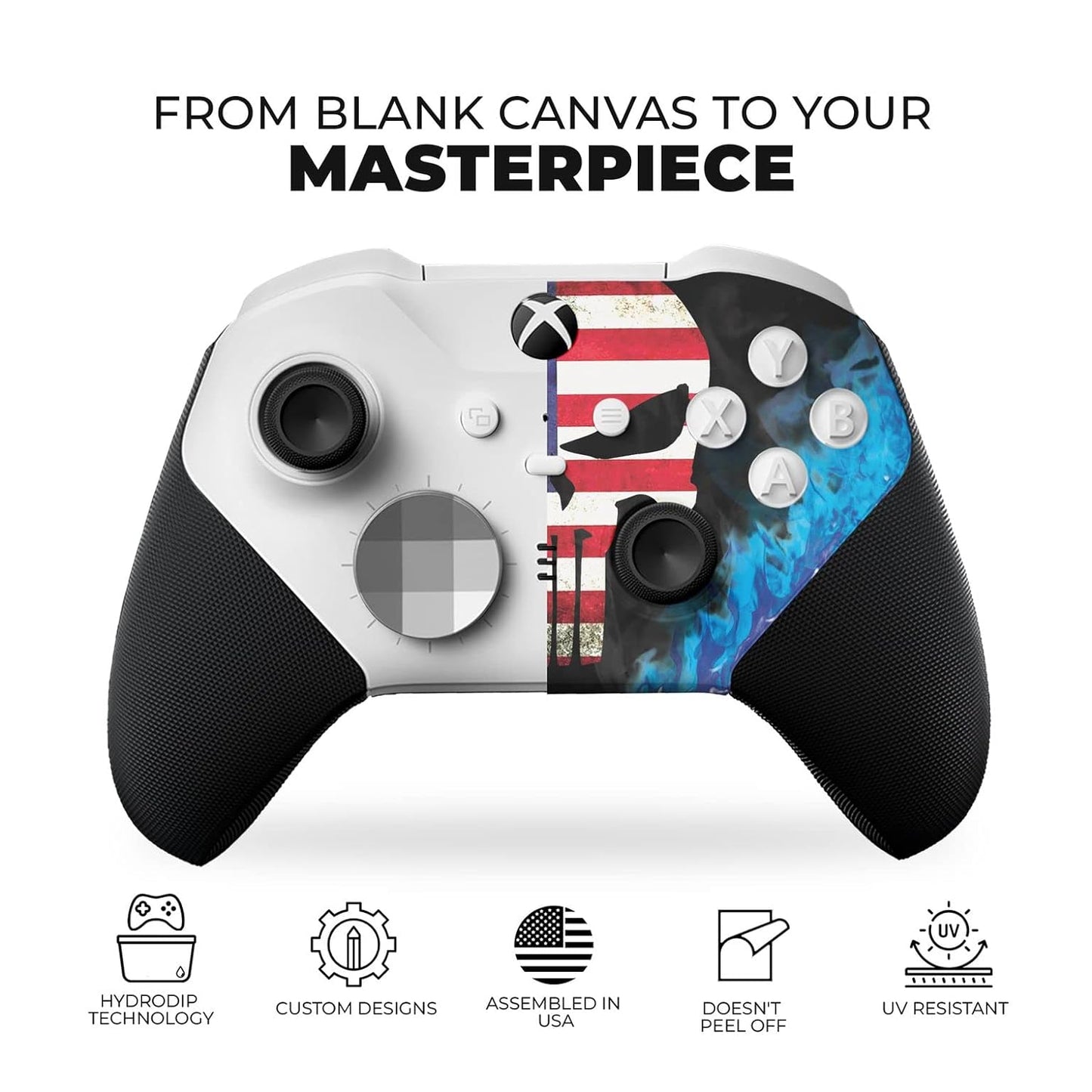 White and black Xbox Elite Series 2 Core controller with American flag, flames, and blue hydro-dip
