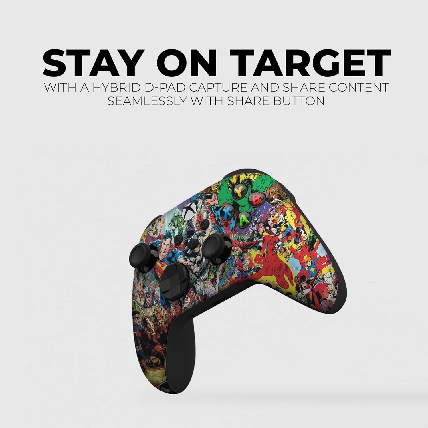 Custom Xbox controller with comic character artwork, black thumbsticks and D-pad