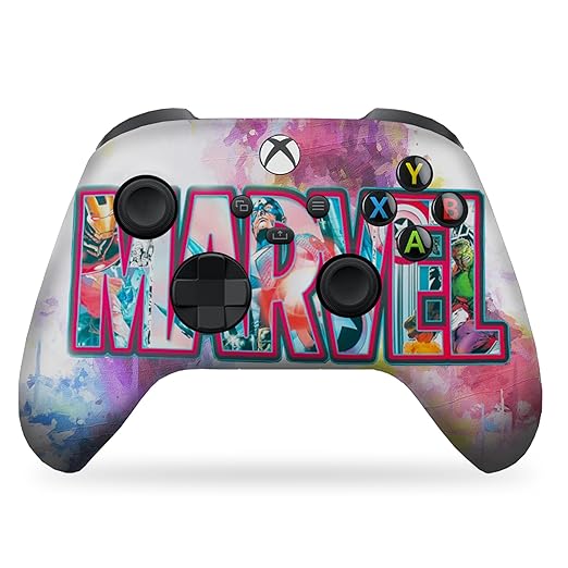 White Xbox Series X controller with colorful MARVEL front design, black D-pad and thumbsticks