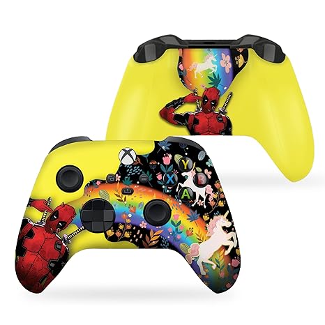 Custom Xbox Series X controller angled view, yellow shell with Deadpool-unicorn graphic