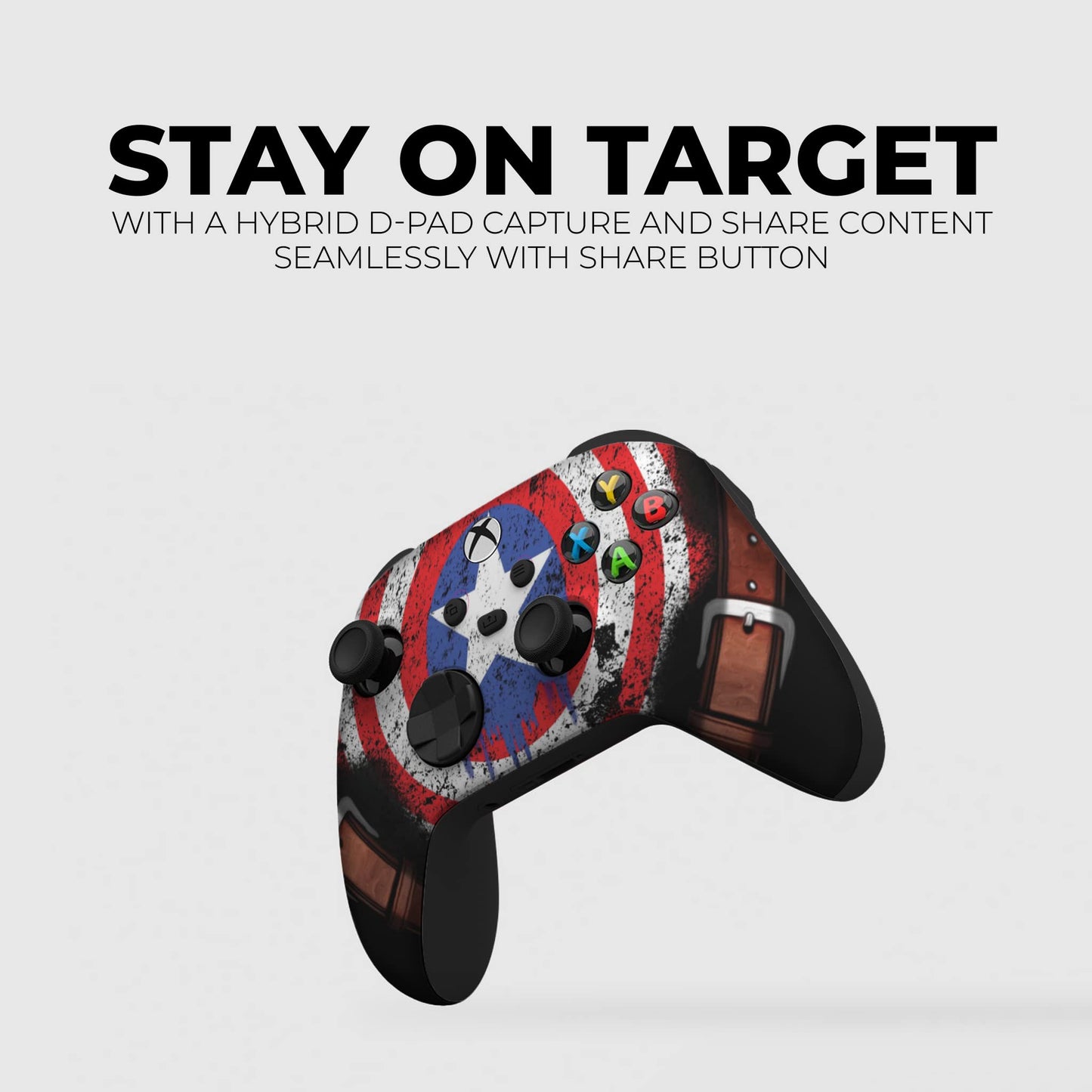 Xbox Series X/S controller angled view with red-white-blue patriotic artwork on black body