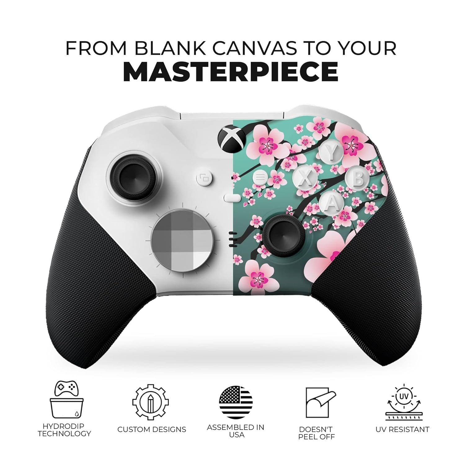 Xbox Elite Core controller front and back ports with teal cherry blossom skin pattern
