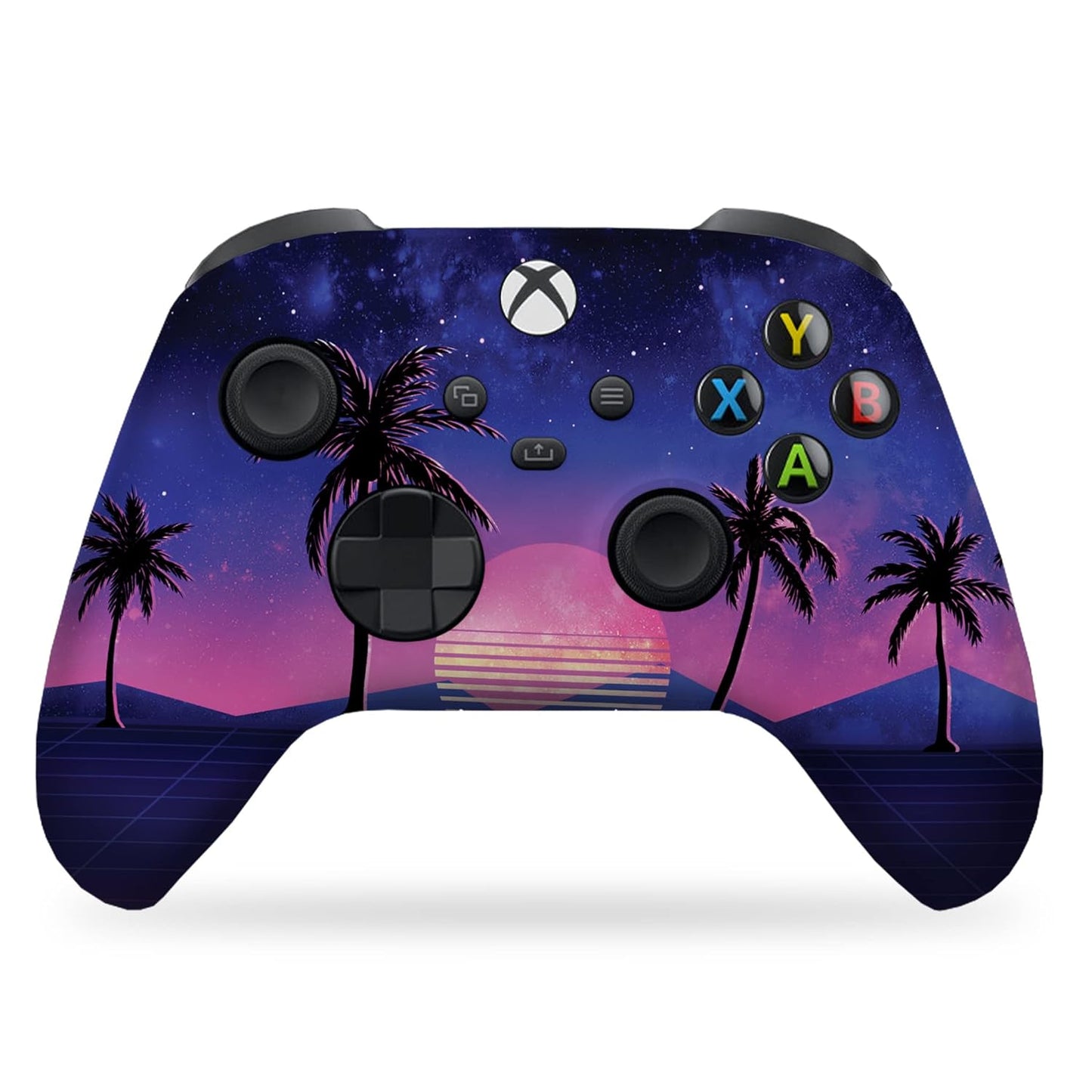 Xbox Series X controller with purple-blue palm sunset vaporwave skin