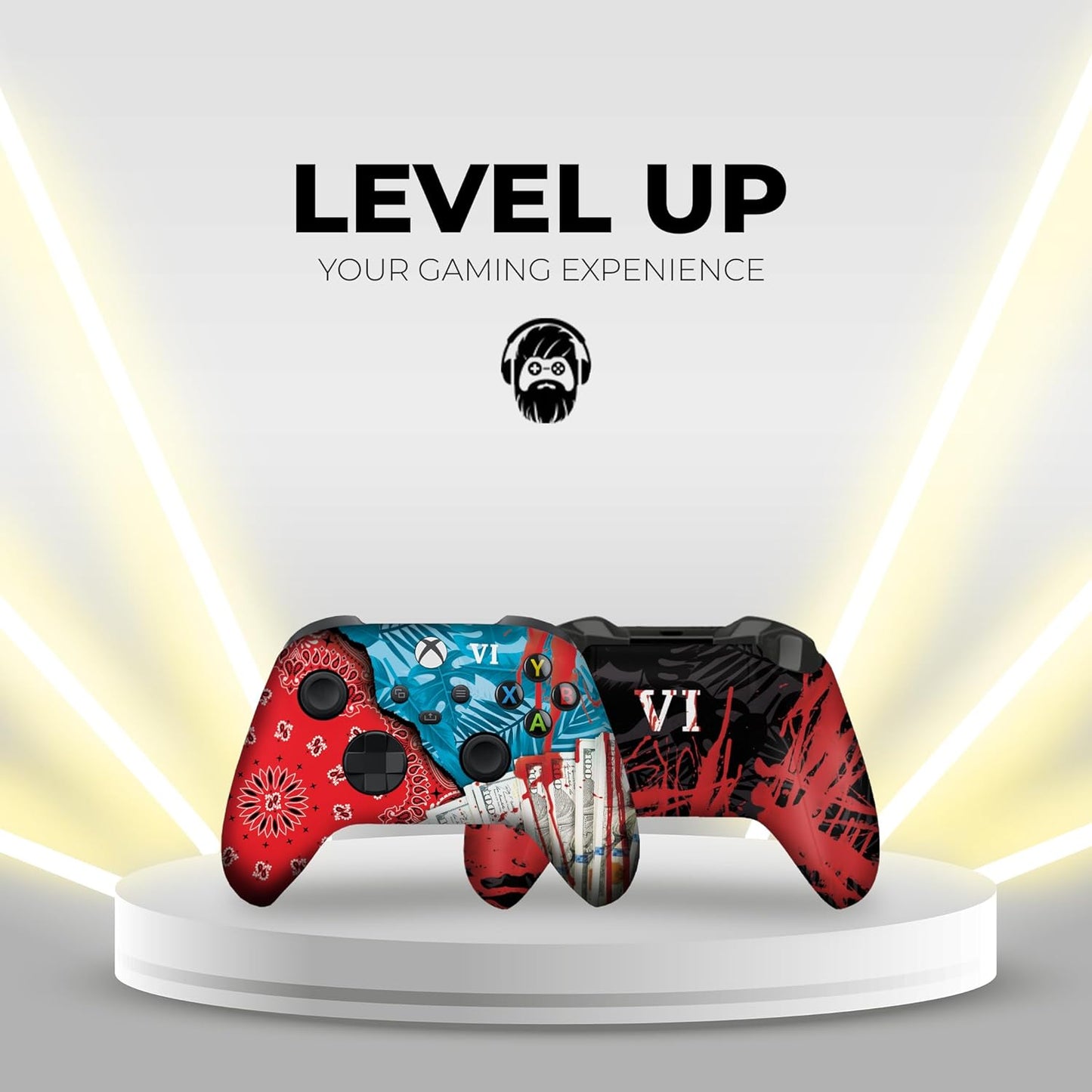 Xbox Series X controller with black body and red/blue graphic, displayed on a stand