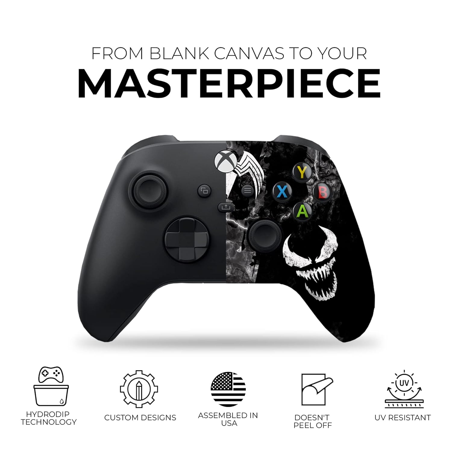 Black Xbox Series X wireless controller with Venom skull design and D-pad and thumbsticks
