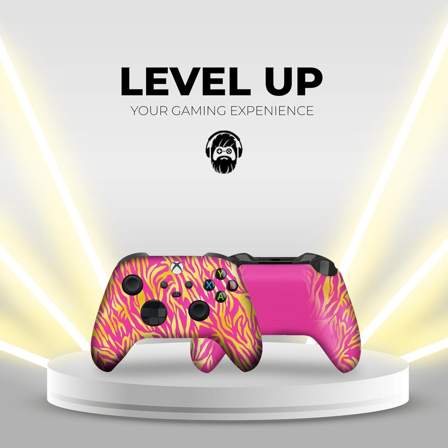 Tiger-print Xbox controller displayed with magenta back and black grips, front view