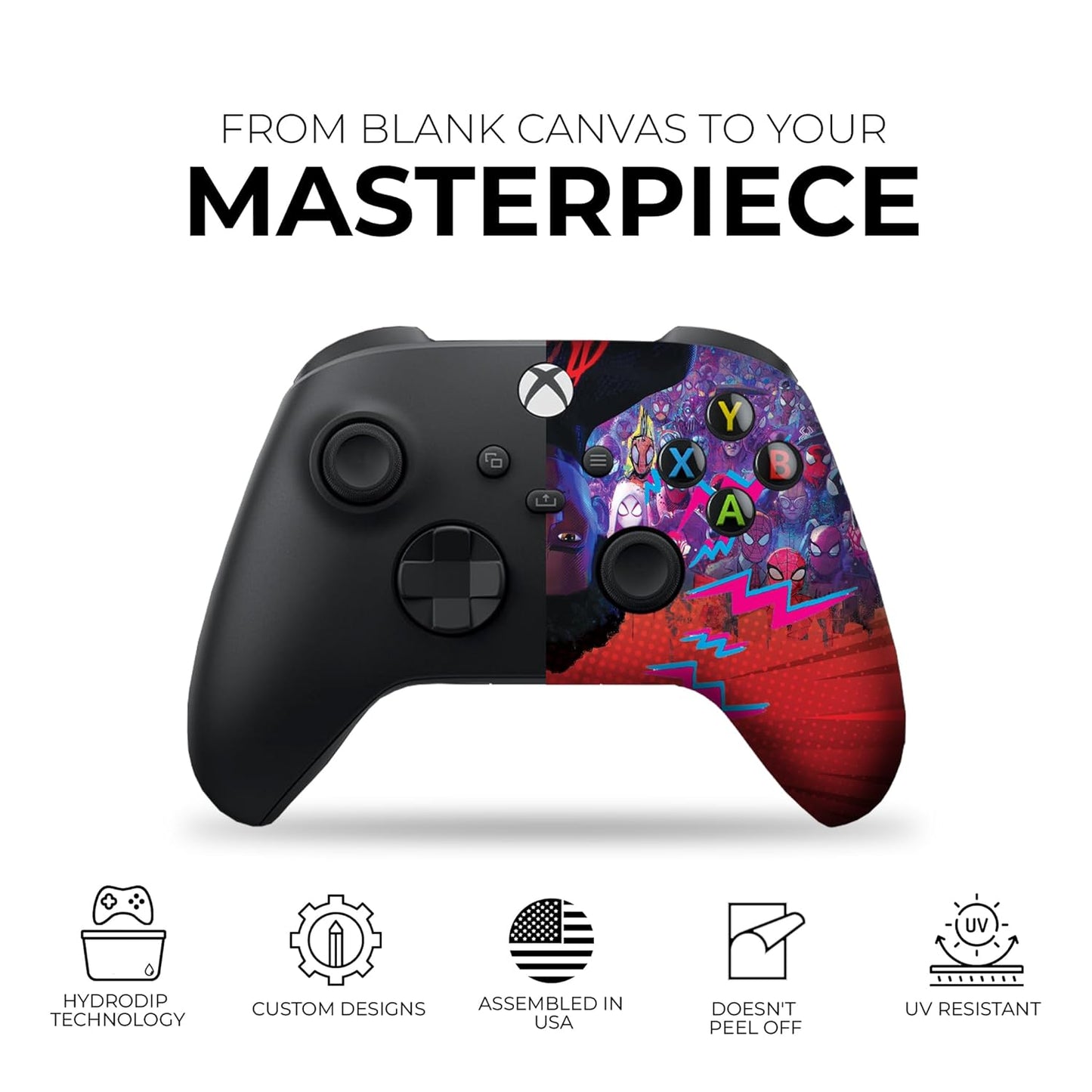 Xbox controller skin with Spider-Verse Miles art on front, ABXY and D-pad visible