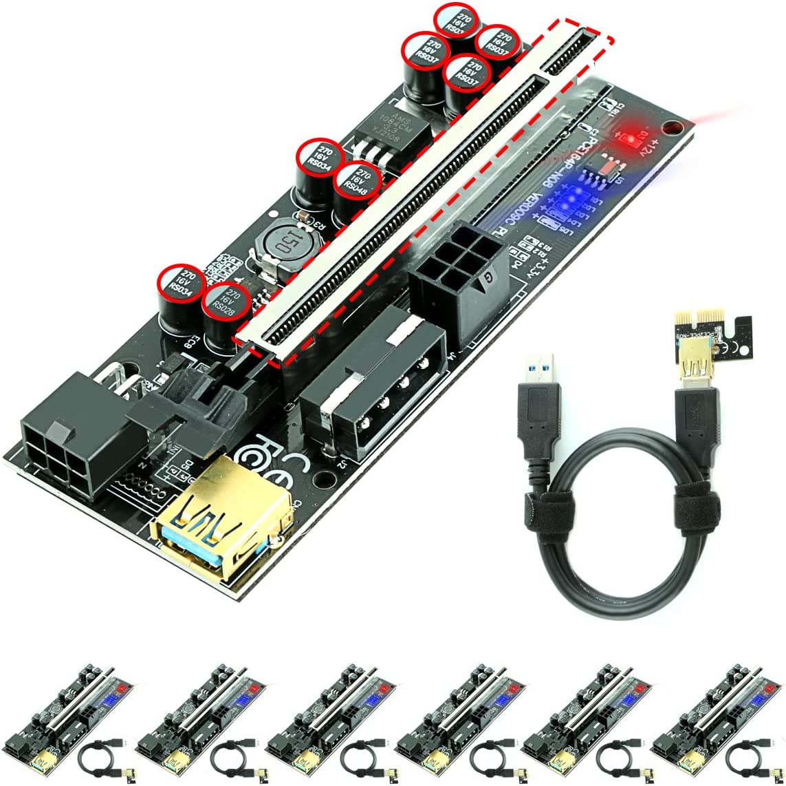 PCIe GPU riser card with 6-pin power extension cable, black board with red slots