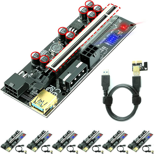 PCIe GPU riser card with 6-pin power extension cable, black board with red slots